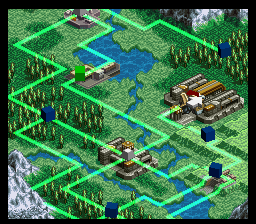 Front Mission: Gun Hazard (SNES) screenshot: Each region is marked by a tactical map showing routes between areas