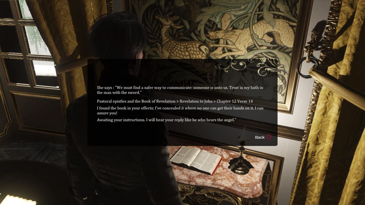 The Council: Episode 2 - Hide and Seek (PlayStation 4) screenshot: Trying to figure out the secret message in the book