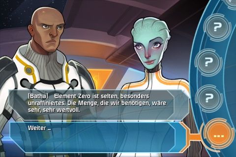 Mass Effect: Galaxy (iPhone) screenshot: No, there's no sex-scene in this game. Sorry.
