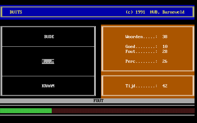 Duits (DOS) screenshot: I don't know what 'Bude' means, so the game tells me it's 'kraam'
