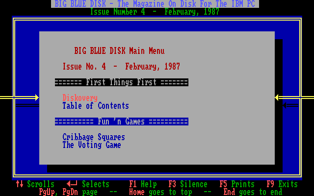 Big Blue Disk #4 (DOS) screenshot: Top of the menu