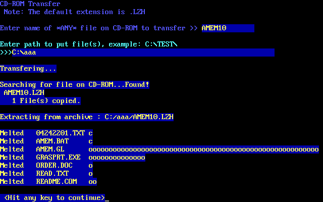 Hall of Fame CD-ROM (DOS) screenshot: Te Unpack option has been used to install the Animated Memory Game. Note the user must remember the file name AMEM10.LZH, also the file AMEM10.DOC has to be transferred separately