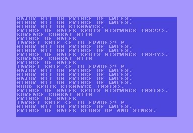 North Atlantic Convoy Raider (Commodore 64) screenshot: Major battle - Prince of Wales is sunk