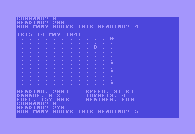 North Atlantic Convoy Raider (Commodore 64) screenshot: May 14th 10hrs out from port in fog