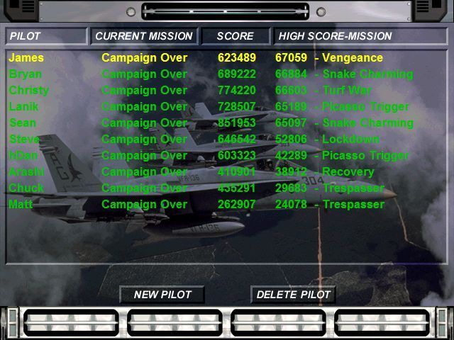 Fighter Pilot (Windows) screenshot: The first screen the player sees is the high score / create new pilot screen