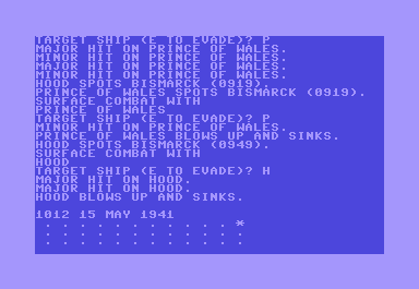 North Atlantic Convoy Raider (Commodore 64) screenshot: 1012 May 15th Major battle - The Hood is sunk