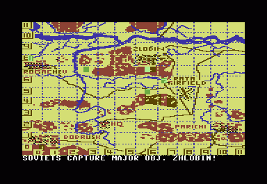 Dnieper River Line (Commodore 64) screenshot: Our troops at Zhlobin are over run and Zhlobin is captured