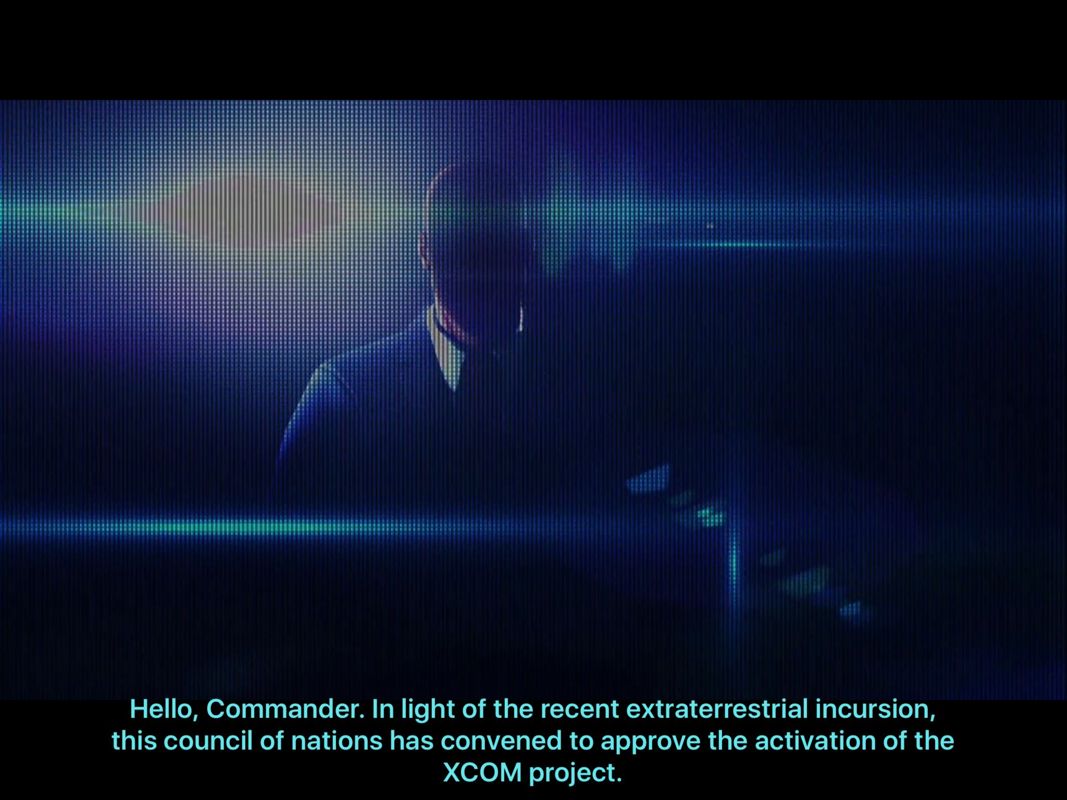 XCOM: Enemy Within (iPad) screenshot: Head of the council 'Hello, Commander'