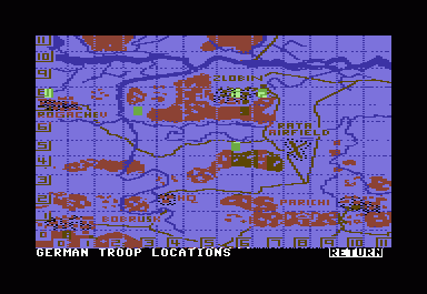 Dnieper River Line (Commodore 64) screenshot: Troop grid locations - C64 shows on screen battle map