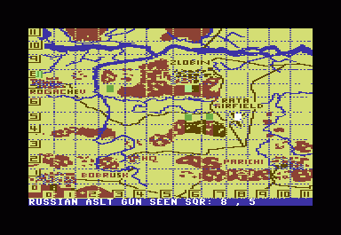 Dnieper River Line (Commodore 64) screenshot: Our Hvy Panzers are halted at airfield by Russian Aslt Guns