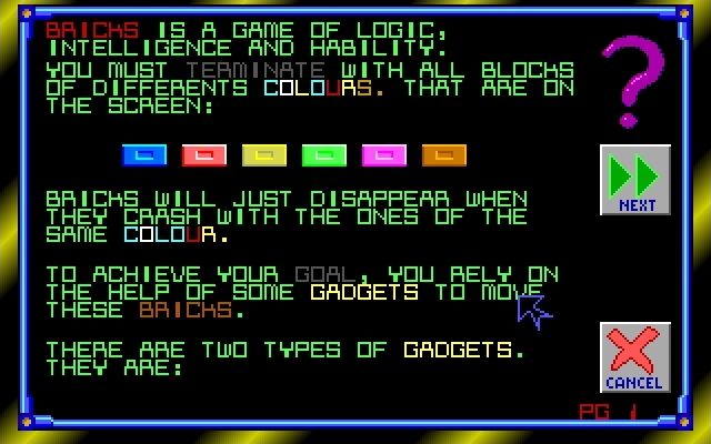 Bricks Gold (DOS) screenshot: The first of five help screens