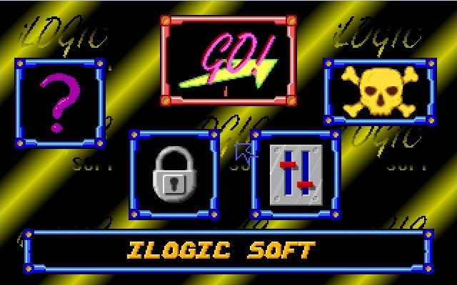 Bricks Gold (DOS) screenshot: The main menu screen<br>The lock allows the player to enter a password to restart at any level<br>The '?' opens the in-game help screens<br>The skull exits the game