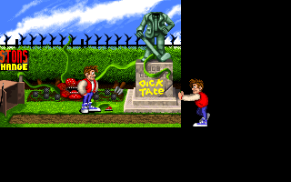 Bud Tucker in Double Trouble (DOS) screenshot: Demo version: The Rolling demo shows a series of animated screens which play for a few seconds, when they freeze Bud appears and gets rid of them in various amusing ways