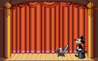 Mickey's Colors & Shapes (DOS) screenshot: Act 3 - starts by pulling animals out of the hat that run away and hide
