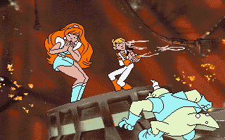Space Ace II: Borf's Revenge (DOS) screenshot: Fending off Borf's goons and trying to protect the girl.