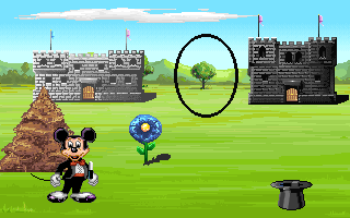 Mickey's Colors & Shapes (DOS) screenshot: Act 3 - Checking shapes to find the dog - nope not the oval