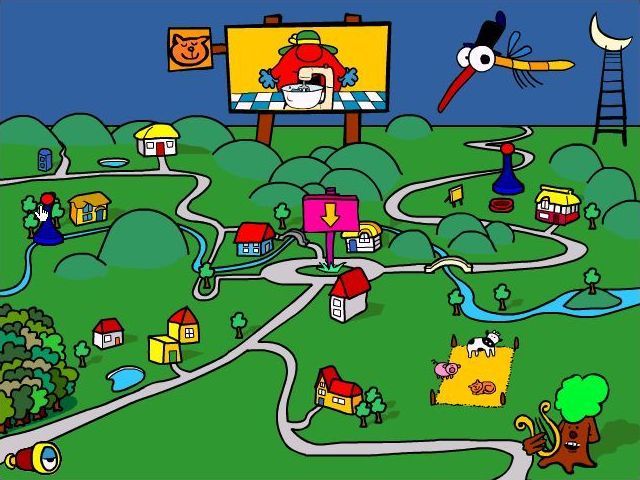The Adventures of Mr. Greedy (Windows) screenshot: As the player completes the mini games blue markers are added to the game's map/menu. The player can click on these to replay the minigame
