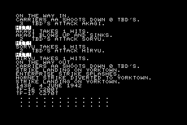Midway Campaign (Commodore PET/CBM) screenshot: Returning air strikes Enterprise flyers splash into sea - Hornet and Yorktown land aboard only remaining carrier