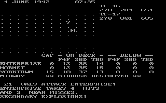 Midway Campaign (DOS) screenshot: TF-16 spotted attacking Enterprise/Hornet