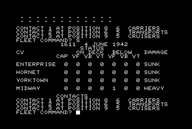 Midway Campaign (Commodore PET/CBM) screenshot: 1611 Yorktown is found and sunk - Midway still stands