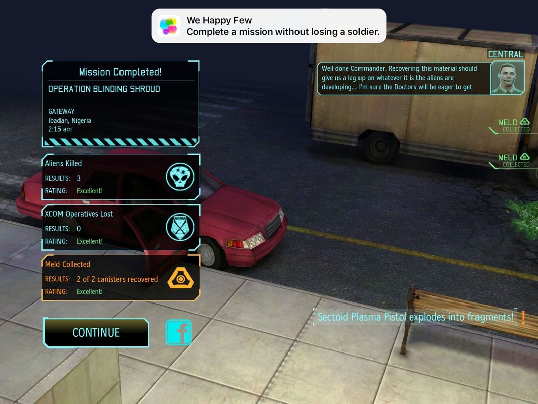 XCOM: Enemy Within (iPad) screenshot: Mission complete summary - Achievement We Happy Few