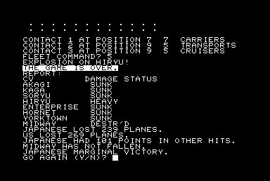 Midway Campaign (Commodore PET/CBM) screenshot: Draw - marginal Japanese victory - All US carriers lost most Japanese lost - Midway remains US
