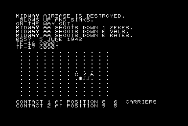 Midway Campaign (Commodore PET/CBM) screenshot: Midway airbase destroyed but the island remains US