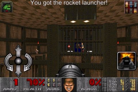 The Ultimate Doom (iPhone) screenshot: Wreaking havoc with the rocket launcher