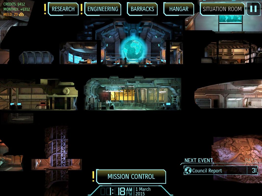 XCOM: Enemy Within (iPad) screenshot: Main base overview - !Research !Engineering needs attention