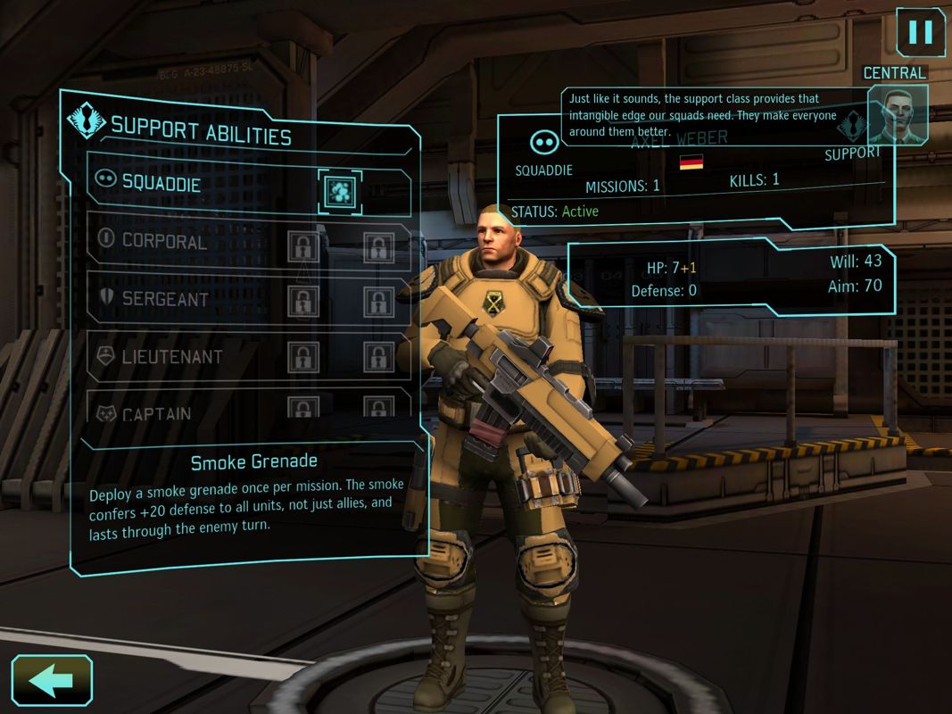 XCOM: Enemy Within (iPad) screenshot: Promotions adds skills to team members