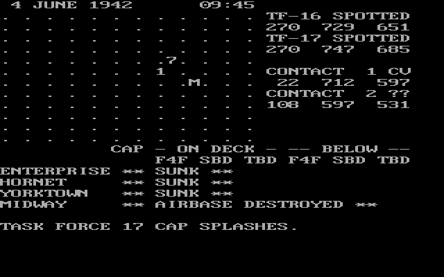 Midway Campaign (DOS) screenshot: 0945 Yorktown is sunk - Planes already in the air splash into the sea