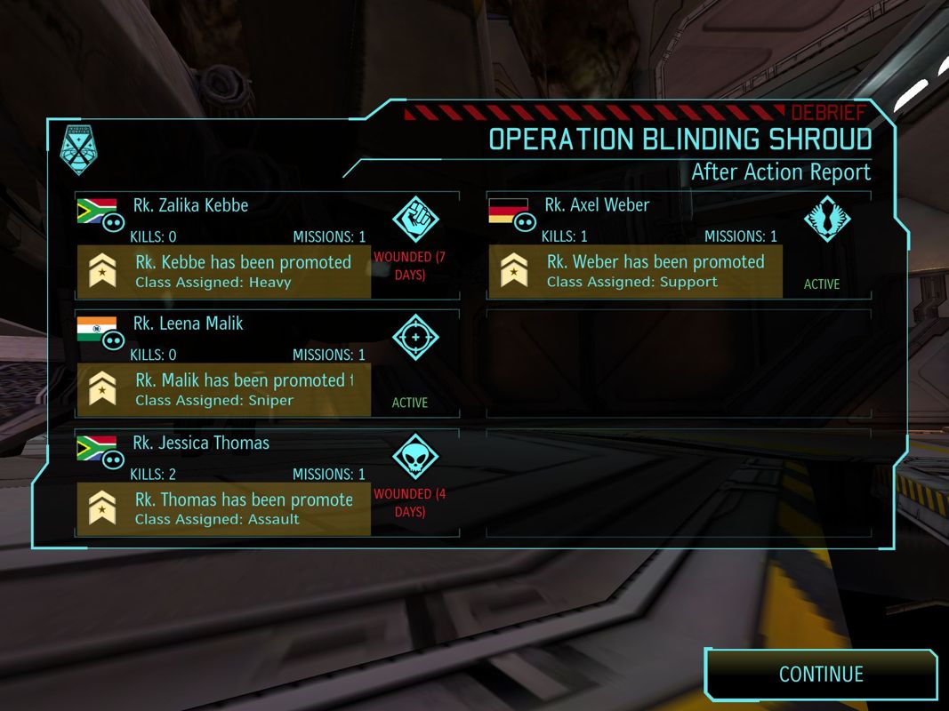 XCOM: Enemy Within (iPad) screenshot: Promotions for squad members