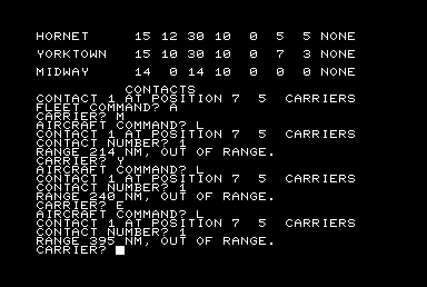 Midway Campaign (Commodore PET/CBM) screenshot: JCarriers out of range currently