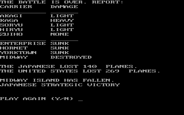 Midway Campaign (DOS) screenshot: Game end US Failure - DOS version adds 5th Japanese carrier Zuiho