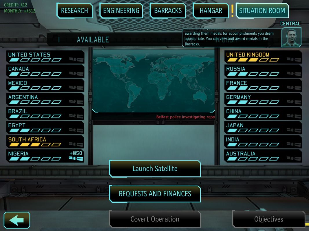 XCOM: Enemy Within (iPad) screenshot: Situation Room - levels of panic by region and funding