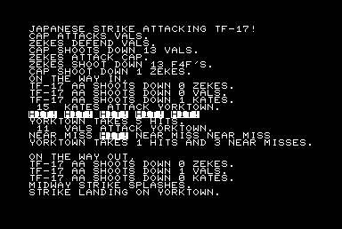 Midway Campaign (Commodore PET/CBM) screenshot: Japanese spots TF-17 Yorktown - light damage Yorktown 1st strike landing returns