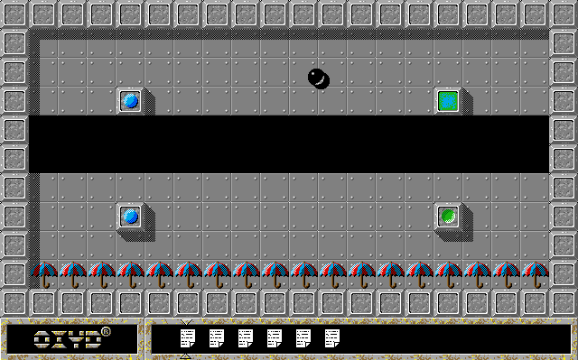 Oxyd (DOS) screenshot: Use an umbrella to float across the gap
