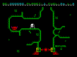 Deep Core Raider (ZX Spectrum) screenshot: Last screen of this planet. I cannot go to the next level because I didn't collect all the resources.