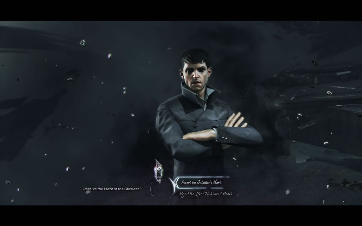 Dishonored 2 (Windows) screenshot: The Outsider is involved, once again.