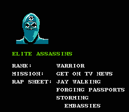 Freedom Force (NES) screenshot: Start of level 4. This Elite Assassin has a criminal record with Jay Walking.