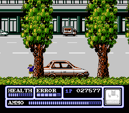 Freedom Force (NES) screenshot: Level 4, Streets. Almost shot that kid, good thing that I didn’t. Shoot the harder icon in the left corner to get more enemies.