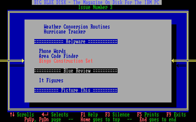 Big Blue Disk #3 (DOS) screenshot: The middle of the menu
