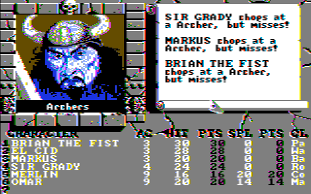 The Bard's Tale II: The Destiny Knight (DOS) screenshot: Our first fight, and it's not going terribly well (CGA Composite)