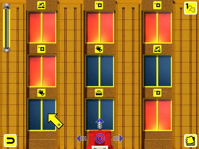 Tonka Firefighter (Windows) screenshot: Tool Factory Fire game, level 1: Tonka Joe gives instructions "The fires are behind the windows marked with a tape measure"