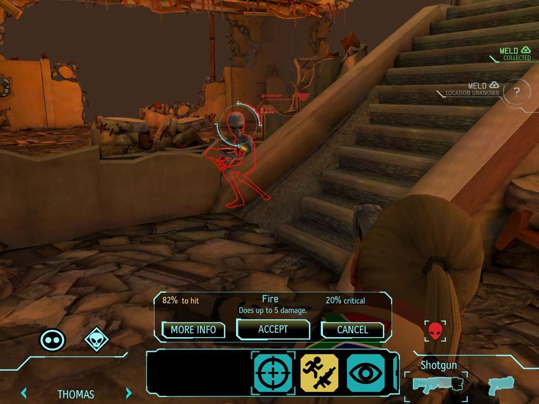 XCOM: Enemy Within (iPad) screenshot: Peeking around the stairs and a shotgun to the face!