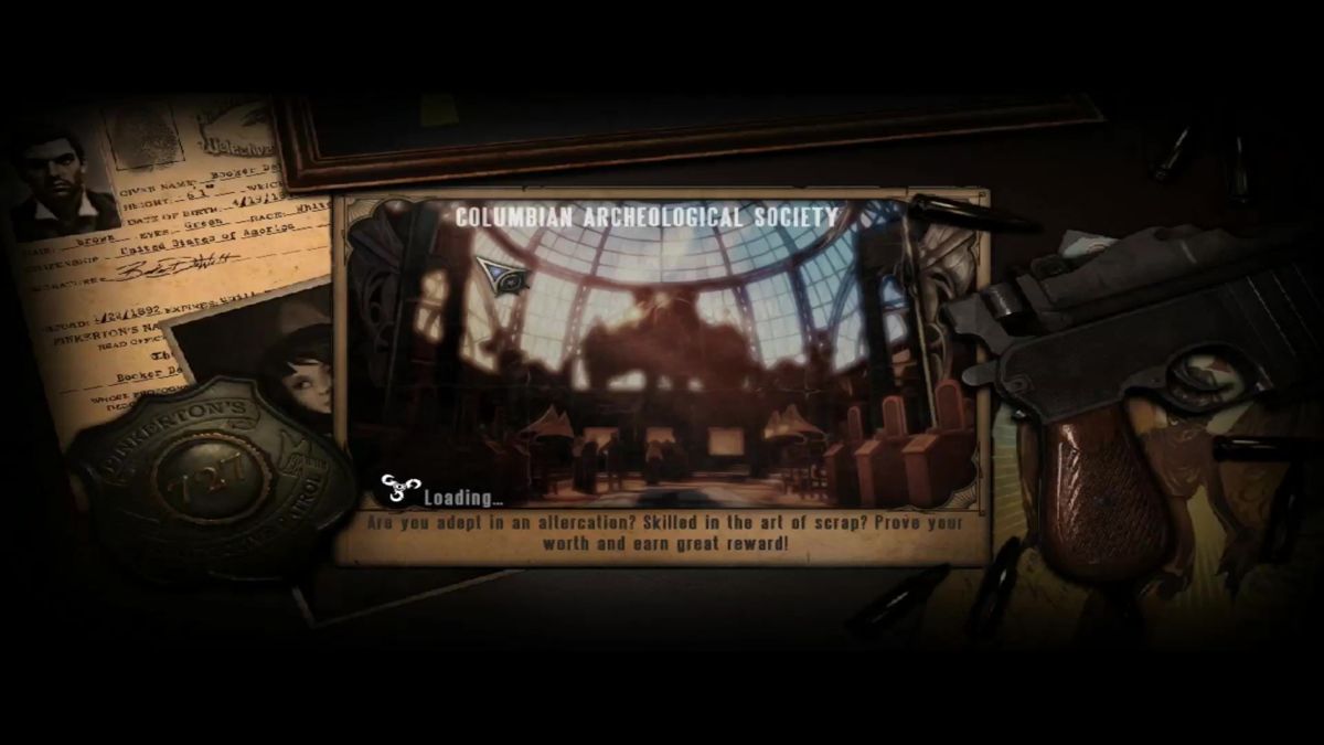 BioShock Infinite: Clash in the Clouds (Macintosh) screenshot: Entering the Clash in the Clouds which contains the Columbia Archaeological Society