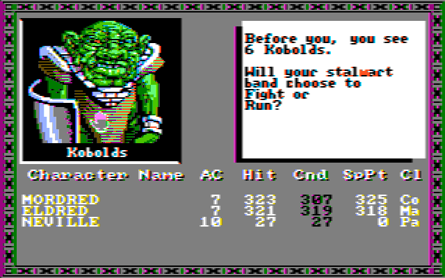 Tales of the Unknown: Volume I - The Bard's Tale (DOS) screenshot: Our first fight awaits us (CGA Composite)