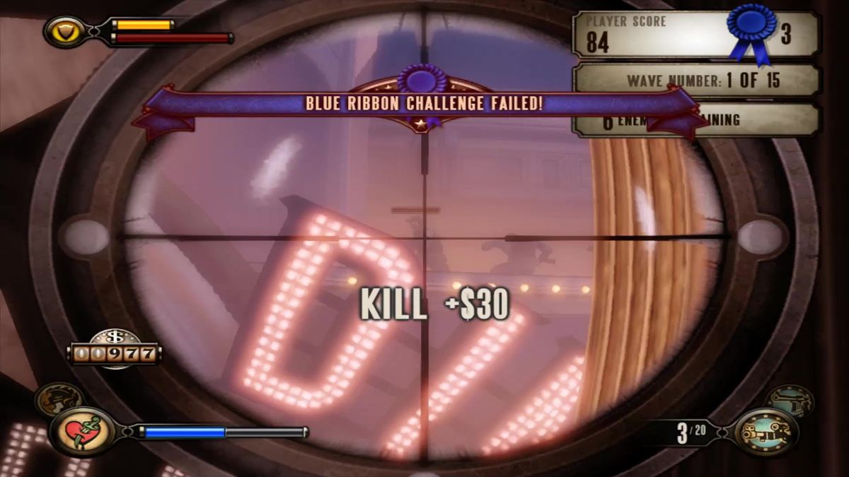 BioShock Infinite: Clash in the Clouds (Macintosh) screenshot: Took out the target but shouldn't use a sniper rifle so Blue Ribbon challenge has failed for this wave/level