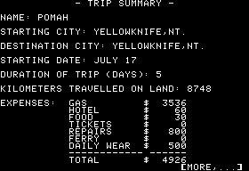 Crosscountry Canada (Apple II) screenshot: Trip summary may be examined or printed for the analysis
