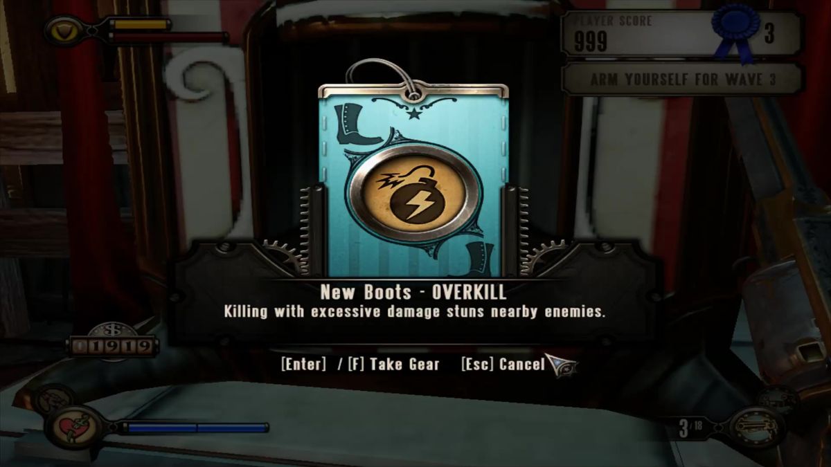 BioShock Infinite: Clash in the Clouds (Macintosh) screenshot: Sounds like some benefits Boots of Overkill